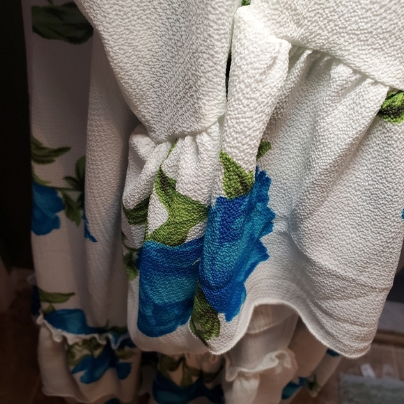 Love Story White Long Duster Cardigan Women W/ Blue Roses Ruffle Layered Hem - Picture 8 of 10